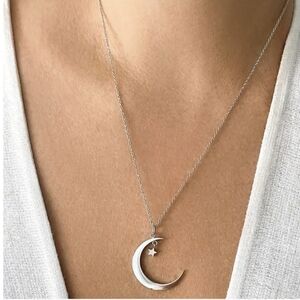 Hanging Moon & Star Silver Necklace